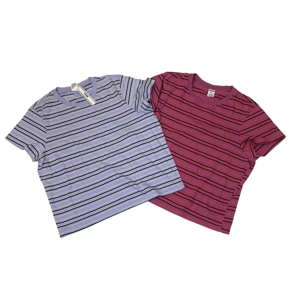 NWT Victoria Secret Pink Stripe Cropped Tees 2 T-Shirts Womens Large Pink Purple